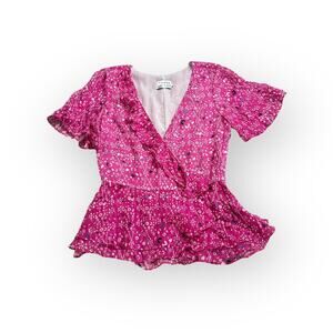 Tanya Taylor Bianka Top Women's 2 Pink  Floral Ikat Mosaic Silk Blend Ruffle